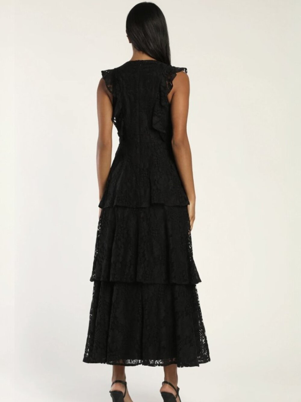 Lulus Molinetto Black Lace Ruffled Tiered Sleeveless Maxi Dress NWT - Picture 5 of 9